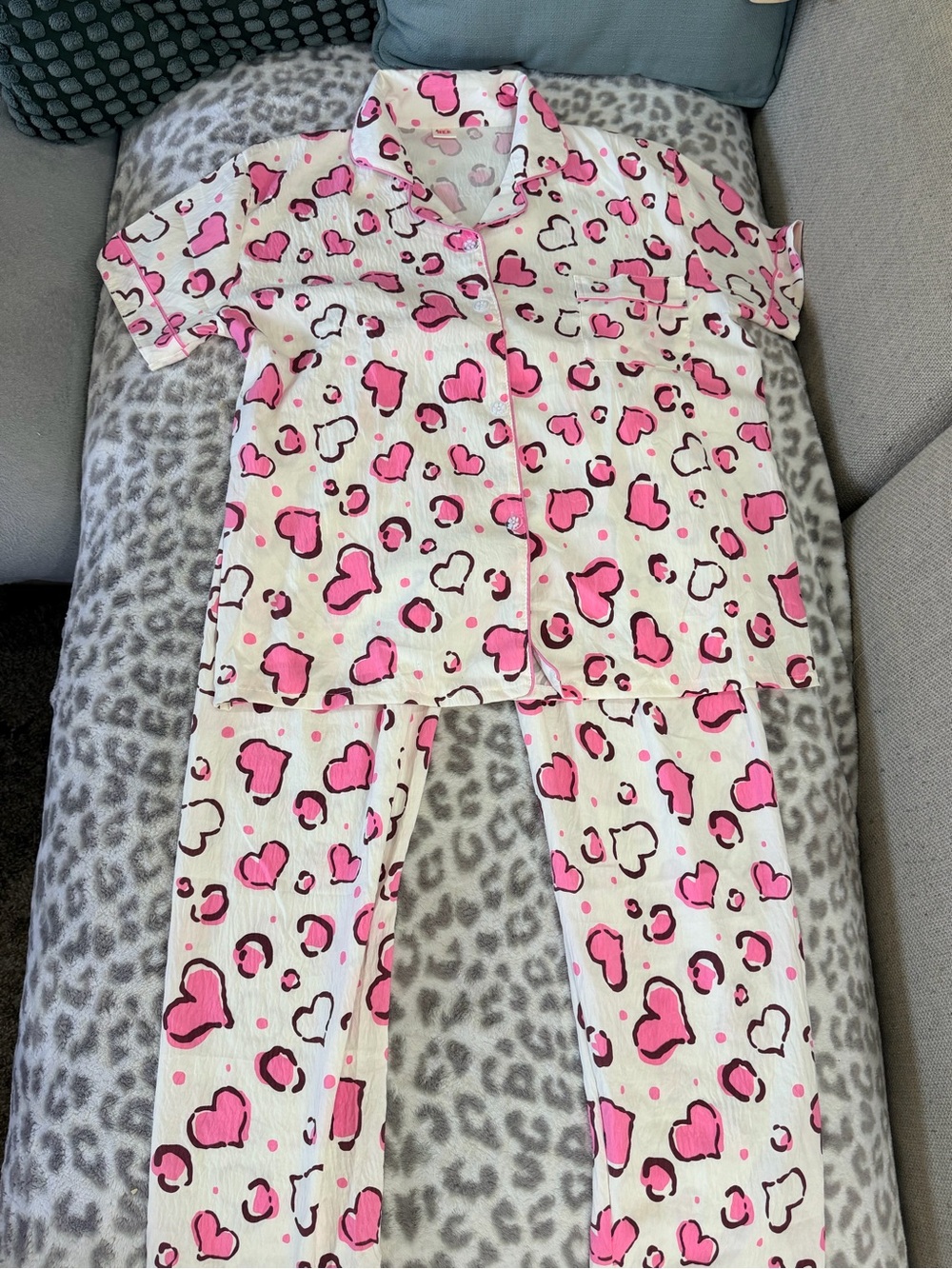 Pink Heart Print Two-Piece Pajama Set